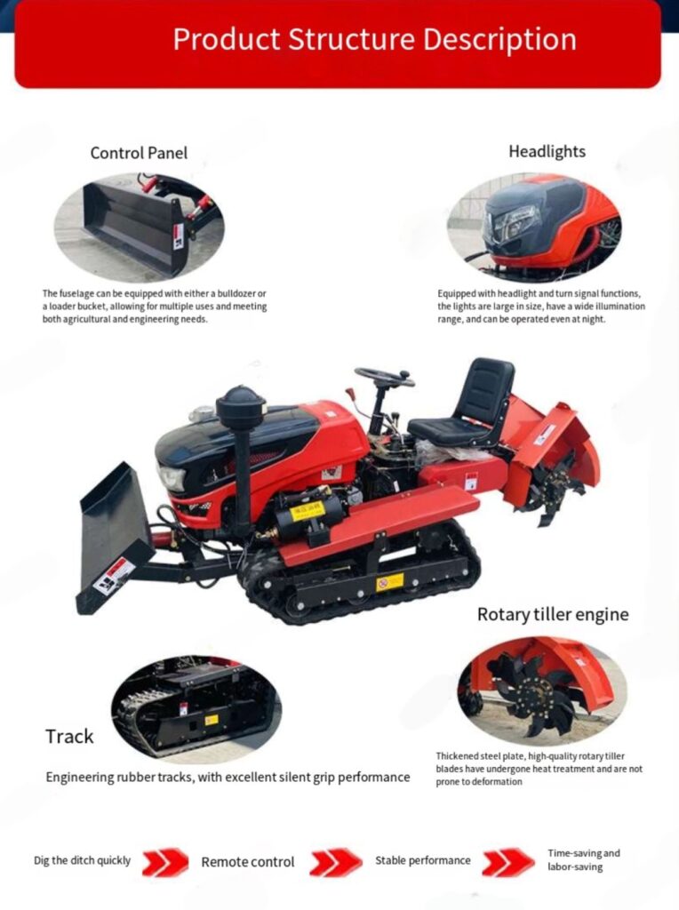 25HP 35HP ride on crawler rotary tiller for dry farmland, multifunctional rubber track dry land tractor with front bulldozer blade