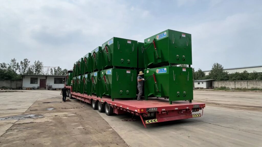 Large batch of green TMR feed mixers loaded on flatbed truck, factory delivery for overseas farm clients, Sunto agricultural machinery shipment