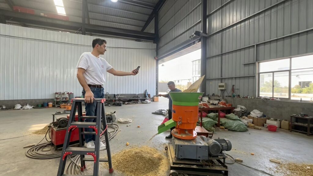 Foreign customer inspecting vertical feed crusher machine running in factory workshop, testing corn grinding effect before order