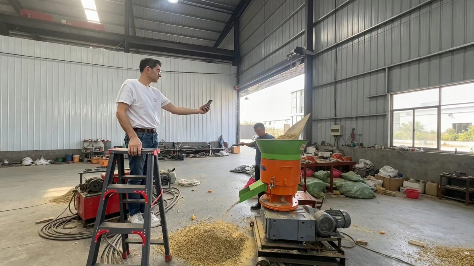 Foreign customer inspecting vertical feed crusher machine running in factory workshop, testing corn grinding effect before order