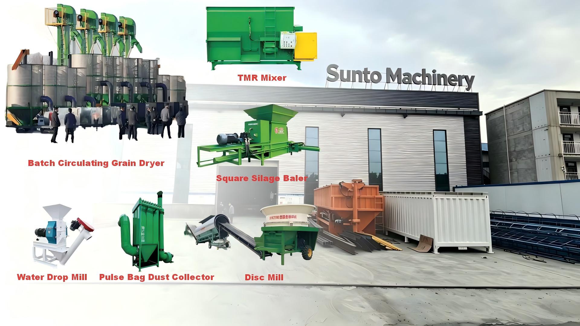 Home Agricultural processing equipment collection including batch circulation dryer, disc crusher, and silage baler from Sunto Machinery