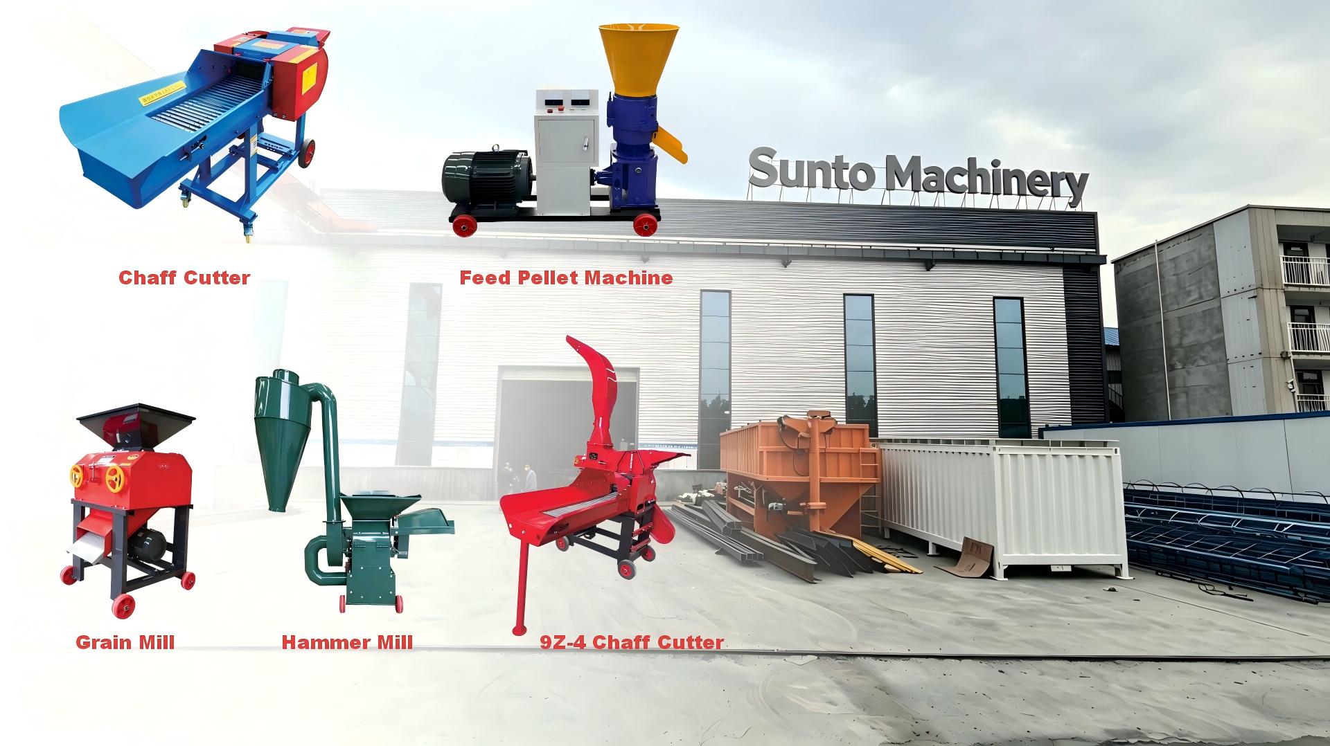 Home Sunto Machinery feed processing equipment collection including chaff cutter, feed pellet mill, and feed crusher for livestock and poultry feed production