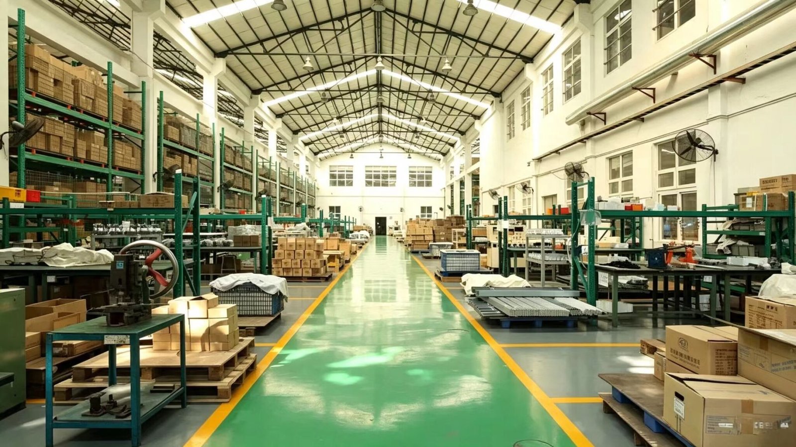 Sunto Machinery large clean workshop warehouse, full stock of crawler tractors, feed pellet machines and farm equipment ready for export shipment