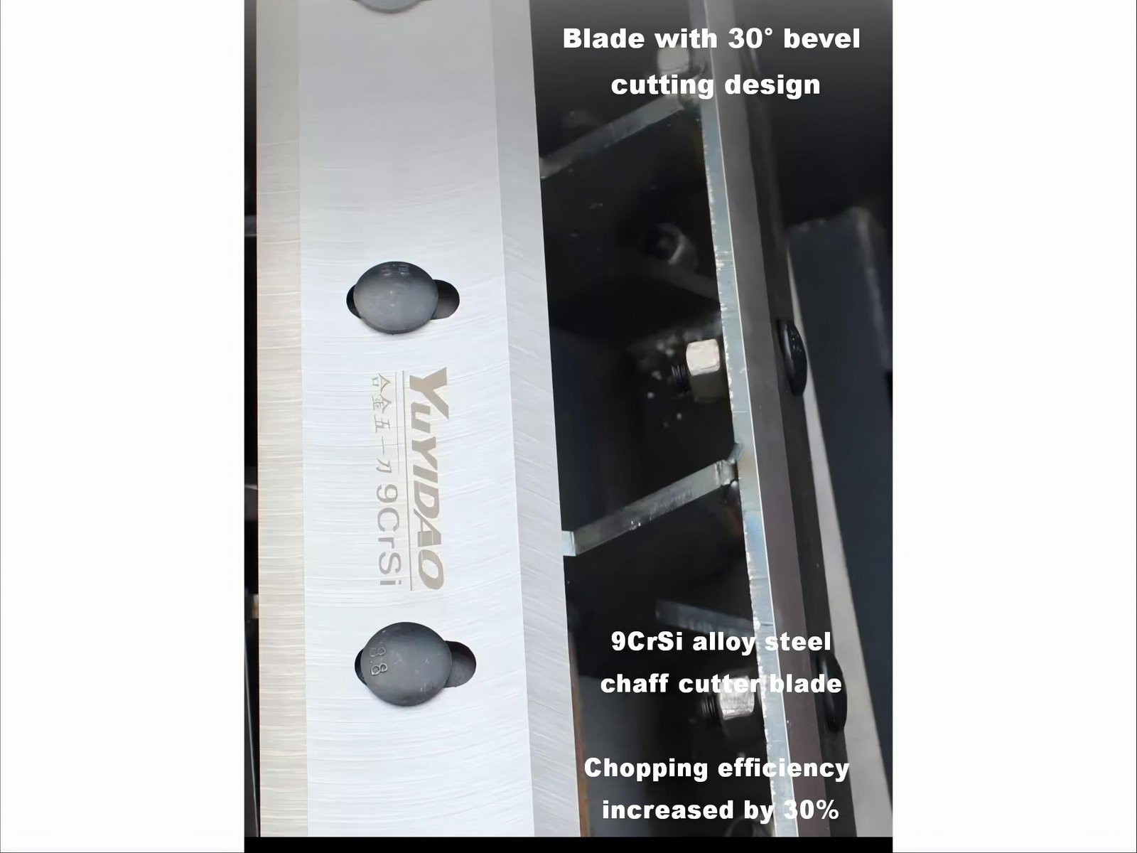 9CrSi alloy steel chaff cutter blade close-up showing sharp cutting edge and heat-treated premium material finish
