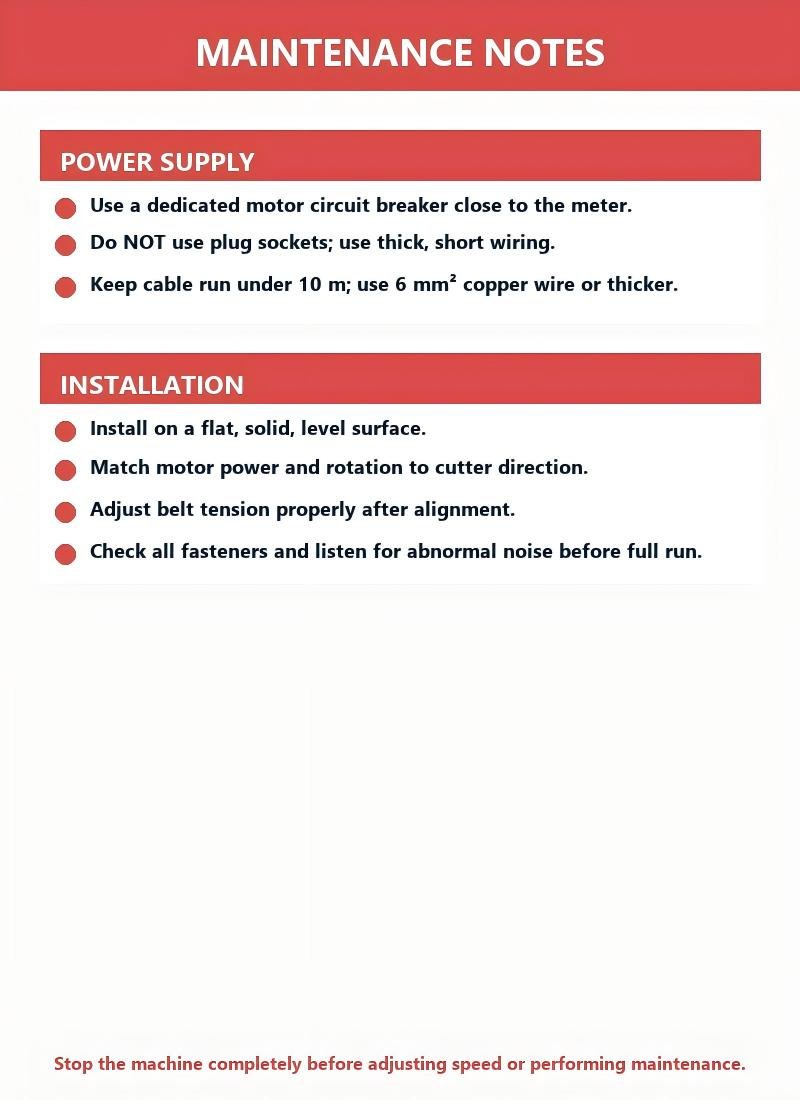 Chaff cutter maintenance and installation guide showing electrical wiring precautions, motor circuit breaker requirements, and installation steps