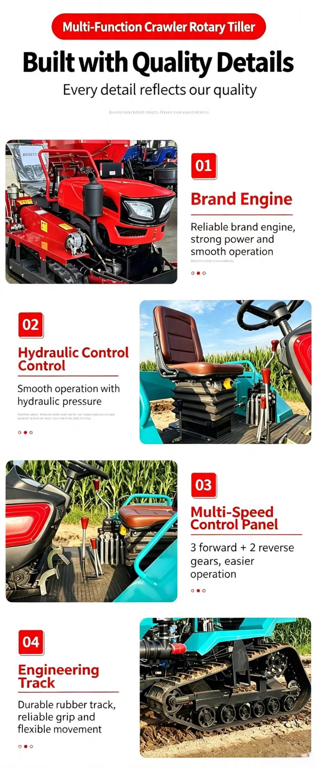 Sunto 25-35HP dry land crawler tractor detail advantages: brand engine, hydraulic control, multi-speed panel and engineering rubber track
