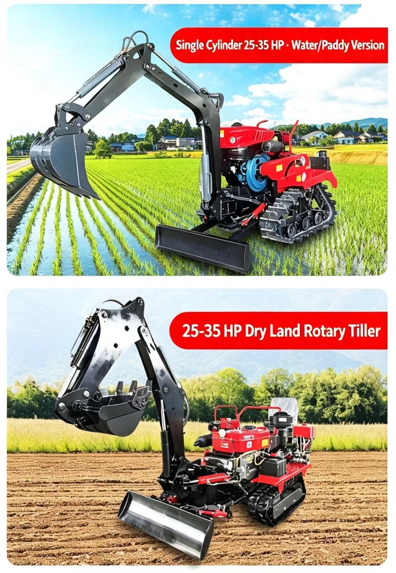 Sunto 25-35HP crawler tractor with front loader bucket and excavator arm for water paddy and dry land rotary tilling