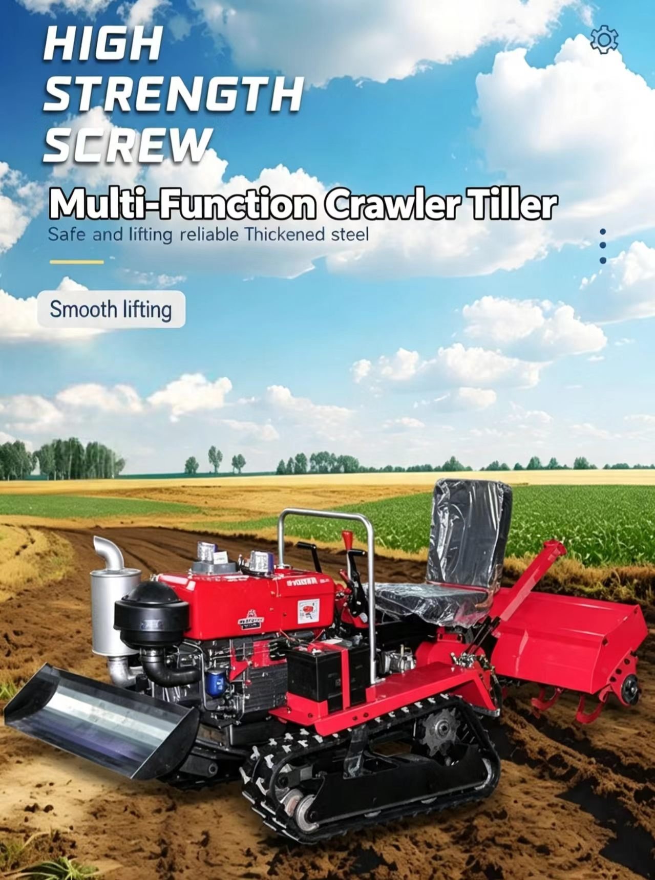 Sunto 25-35HP multi-function crawler tiller with high strength screw lift thickened steel frame and smooth lifting