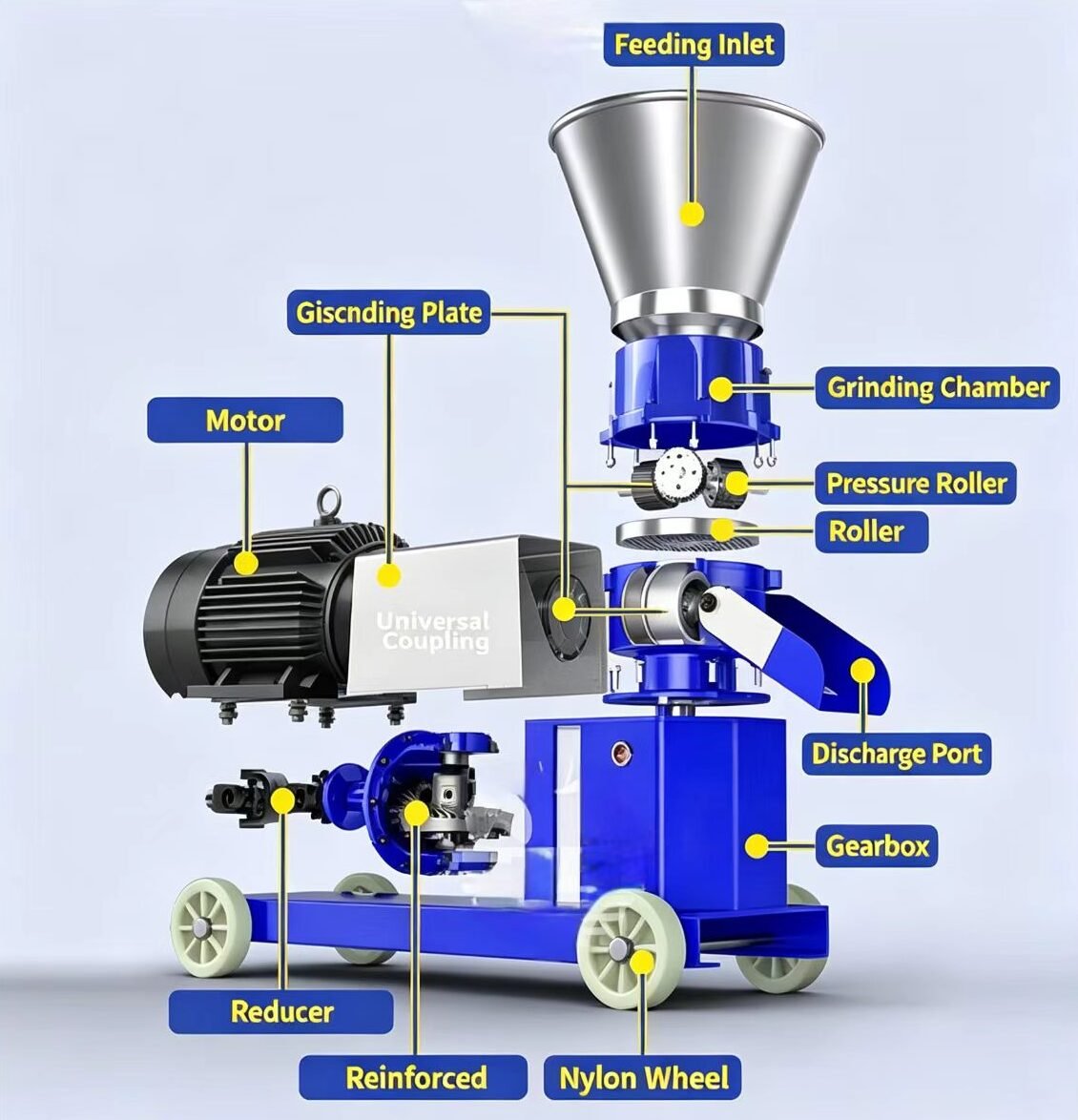Sunto flat die feed pellet machine structure diagram showing hopper, pelletizing chamber, flat die, pressure rollers, cutter and discharge outlet