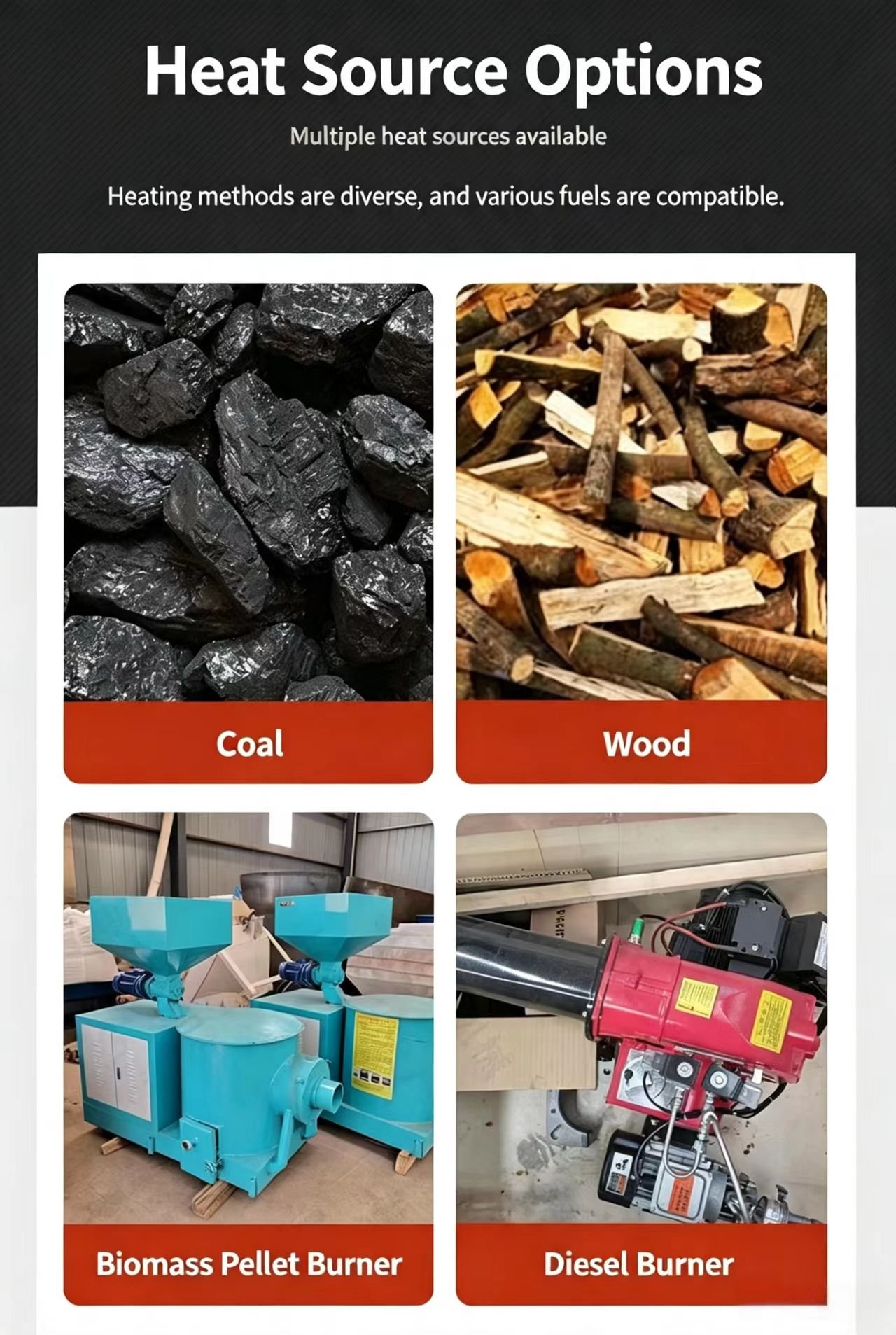 Sunto mobile grain dryer heat source options coal wood biomass pellet burner diesel burner