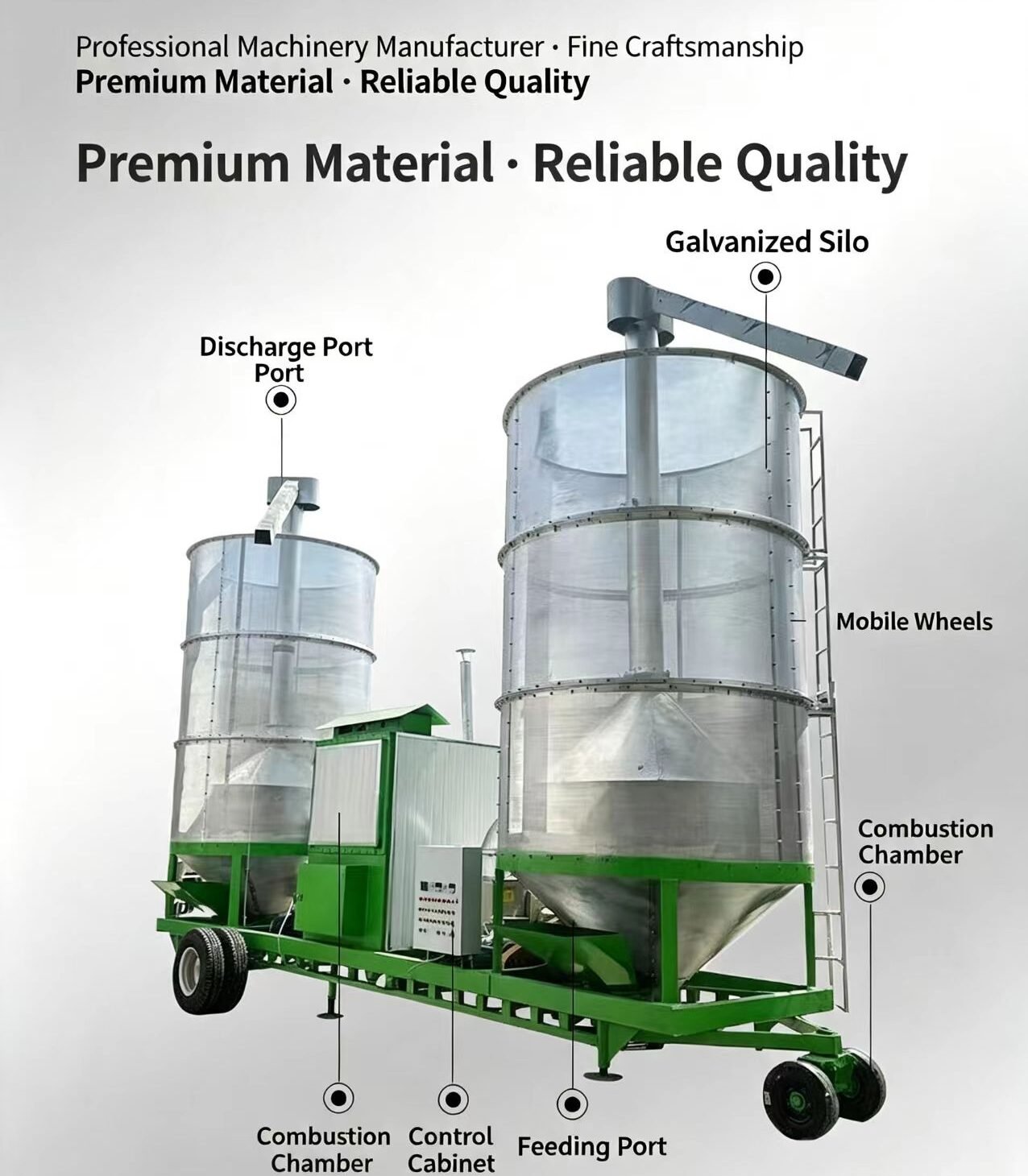 Sunto mobile grain dryer structure diagram showing galvanized silo combustion chamber control cabinet feeding port discharge port and mobile wheels