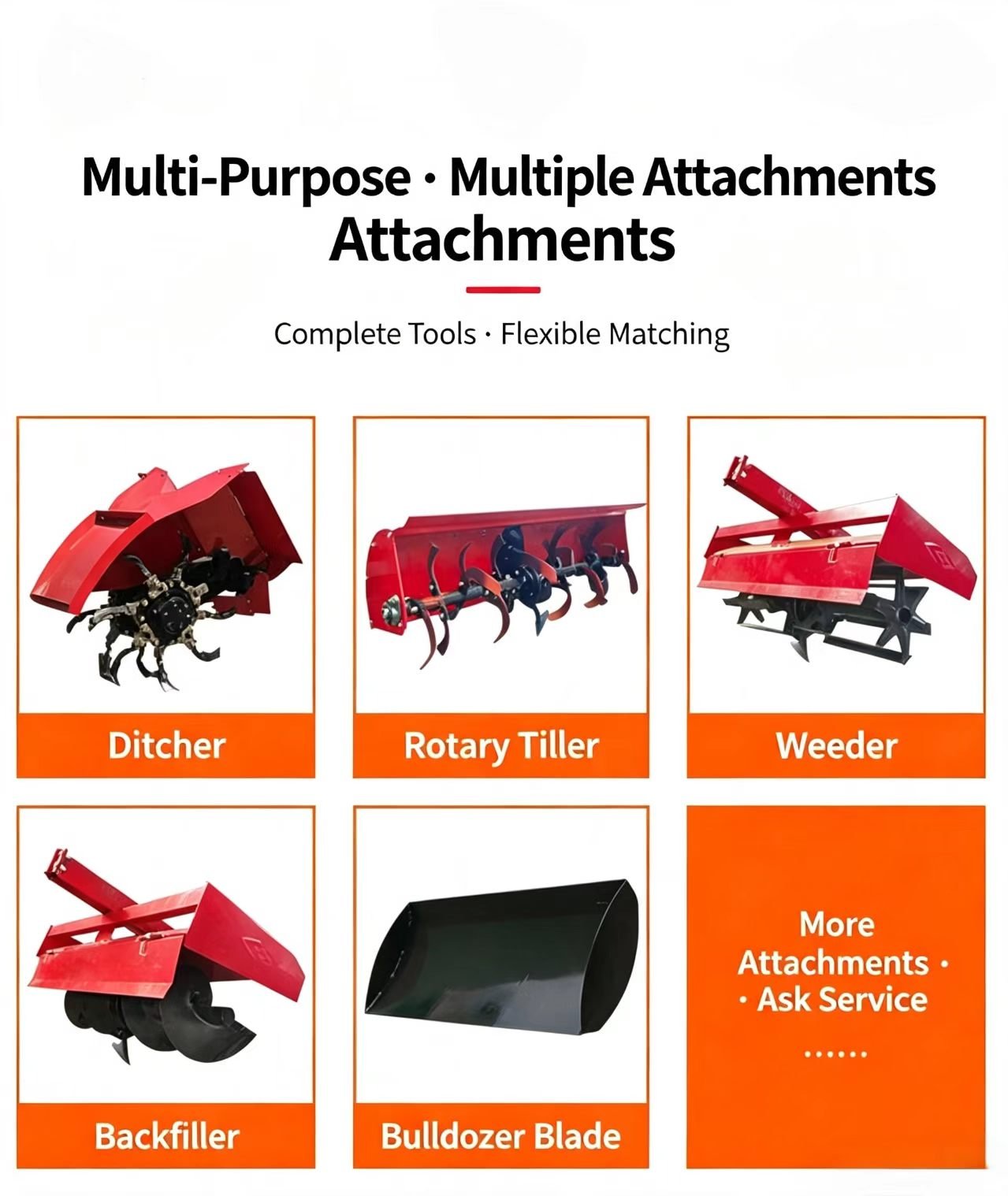 Sunto crawler tractor attachments: ditcher, rotary tiller, weeder, backfiller and bulldozer blade for multi-purpose farming