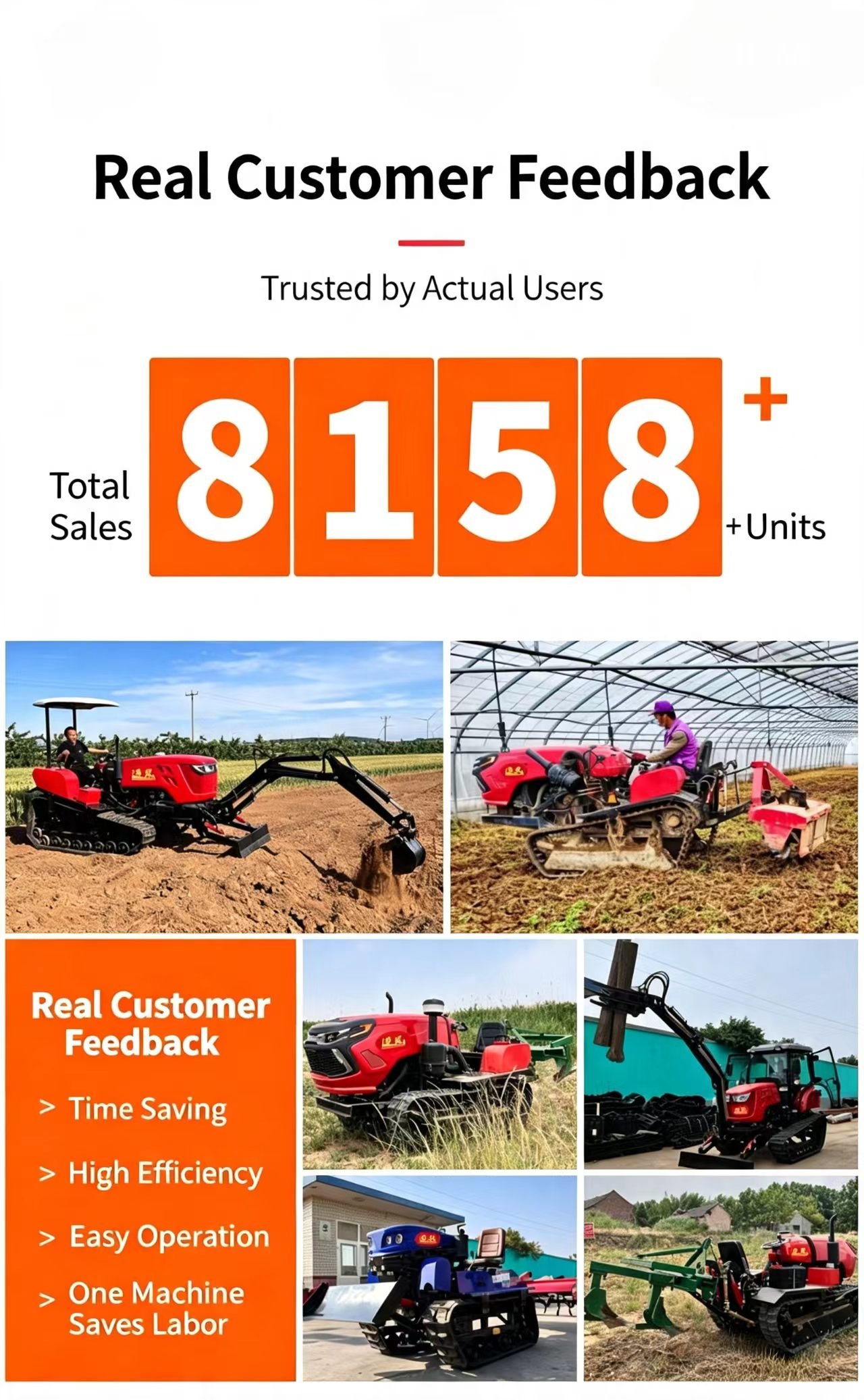 Sunto crawler tractor real customer feedback showing 8158 plus units sold and customer photos from farms and greenhouses