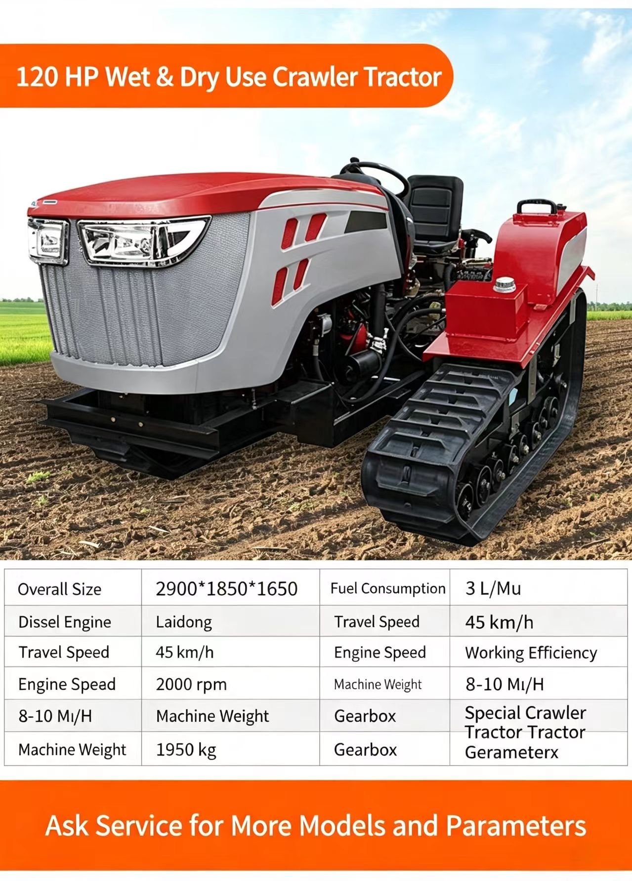 Sunto 120HP wet and dry use crawler tractor specifications showing heavy-duty build and performance range