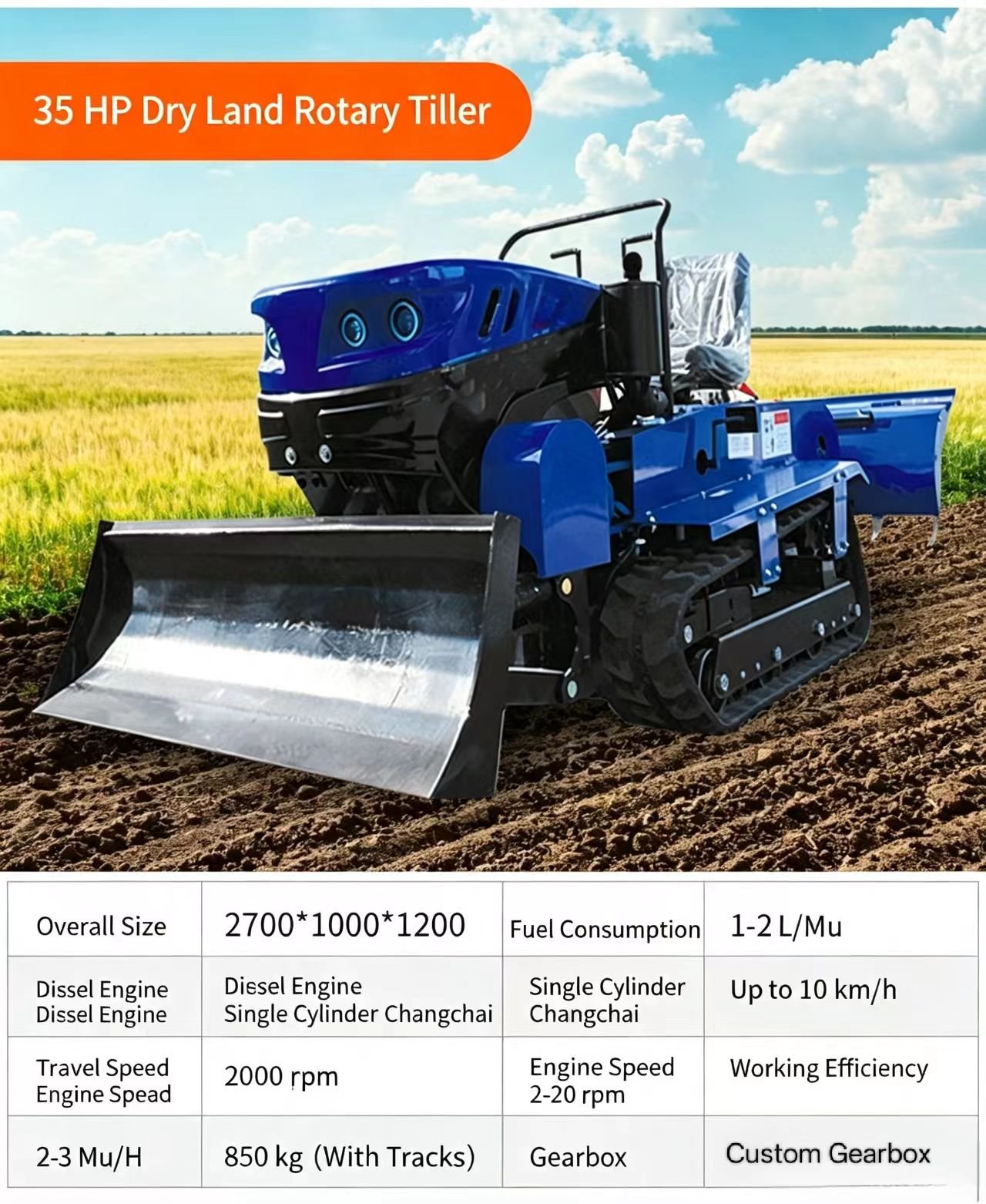 Sunto 35HP dry land crawler rotary tiller specifications with dimensions, fuel consumption and custom gearbox