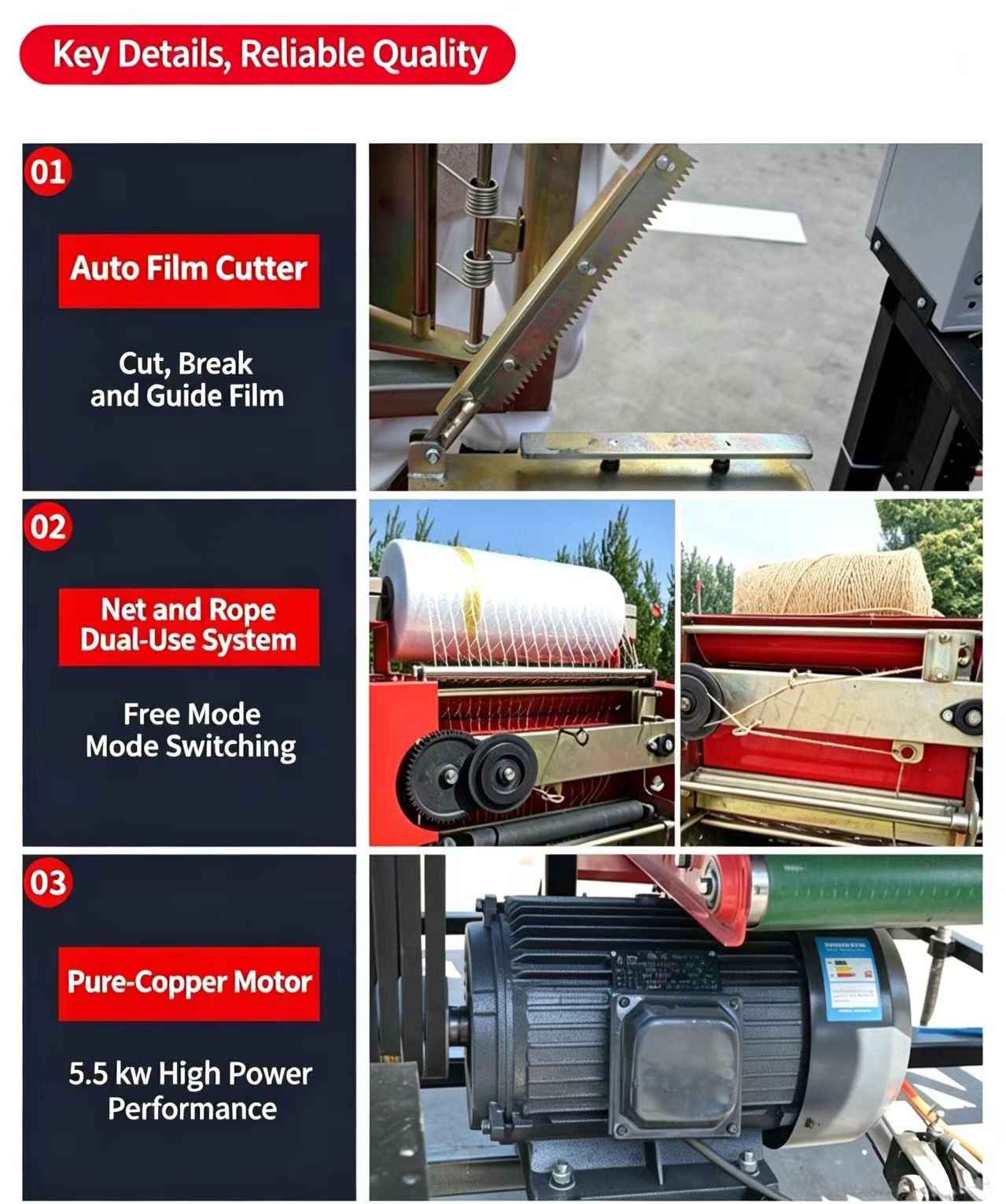 Round silage baler core details: automatic film cutter, net and rope dual use, and 5.5kW pure copper motor
