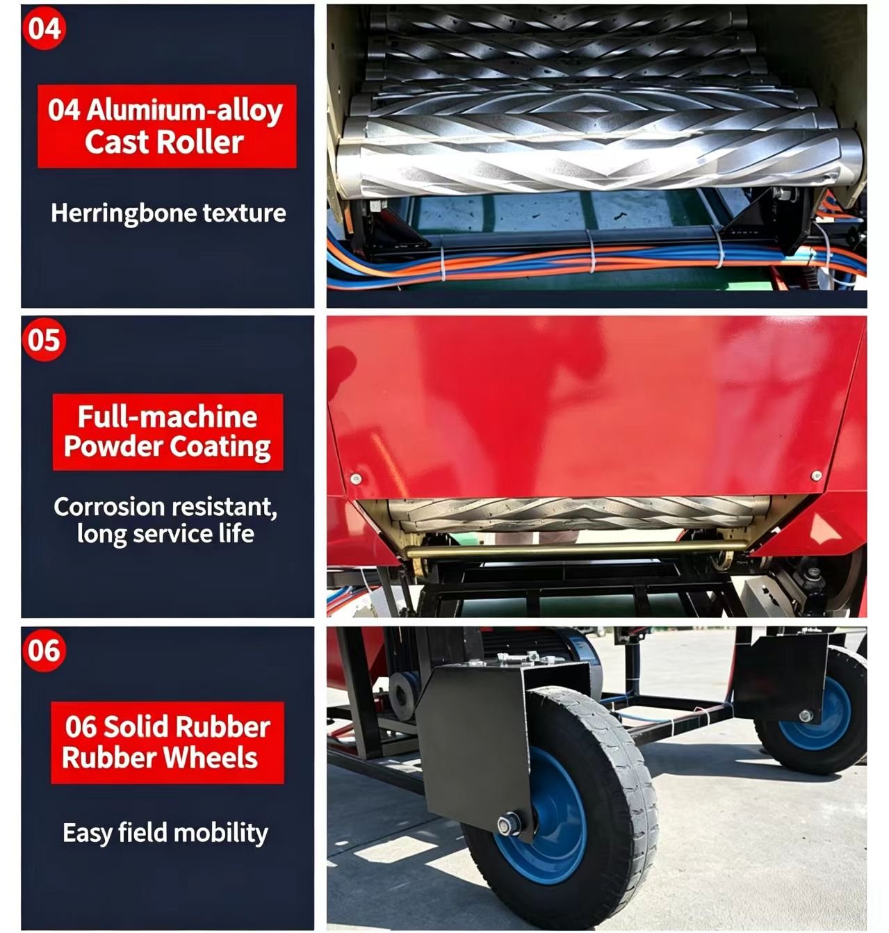 Round silage baler core details: aluminum alloy castings, full machine plastic spray coating, and solid tires