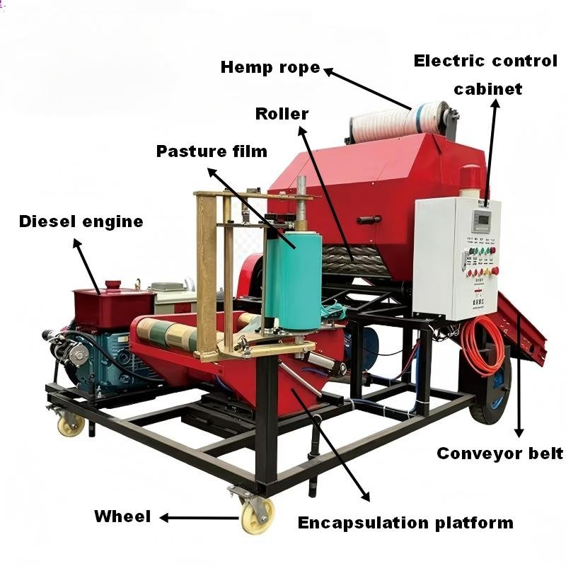 YK-5552A round silage baler structure diagram showing feed inlet, conveyor belt, wrapping machine, and discharge outlet