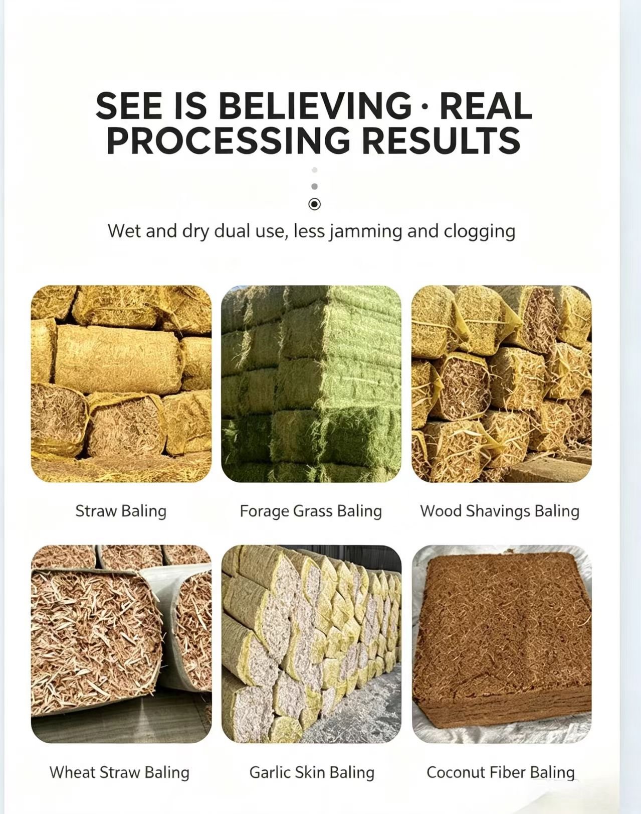 Sunto square silage baler finished bales showing straw, forage grass, wood shavings, wheat straw, garlic skin and coconut fiber baling results