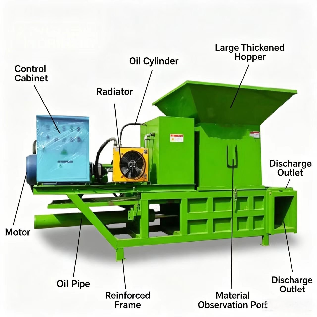 Sunto 9YF-70 square silage baler structure diagram showing large thickened hopper, oil cylinder, radiator, control cabinet, motor, oil pipe, reinforced frame, material observation port and discharge outlet