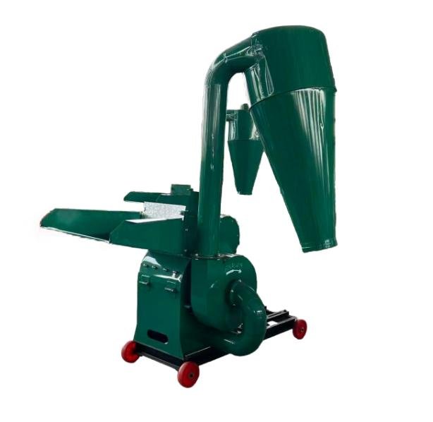 Sunto 9FQ-600 feed hammer mill grinder machine with cyclone dust collector, wide feeding inlet, grinding chamber and 30HP three-phase motor on mobile wheeled base
