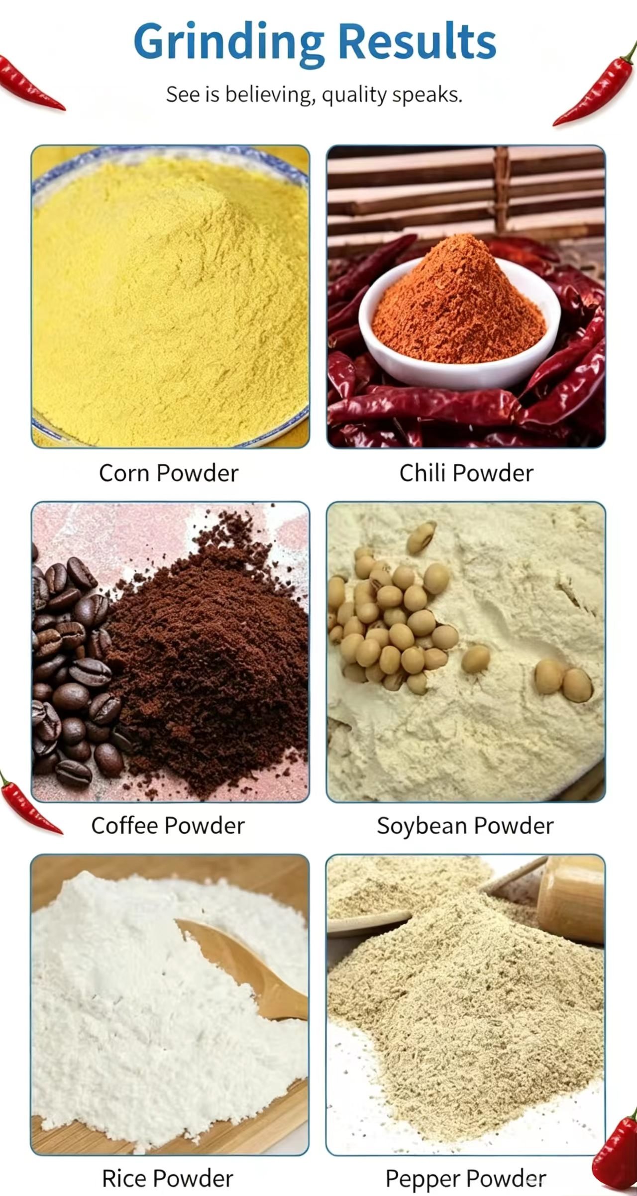 Sunto hammer mill grinding results showing corn powder, chili powder, coffee powder, soybean powder, rice powder and pepper powder