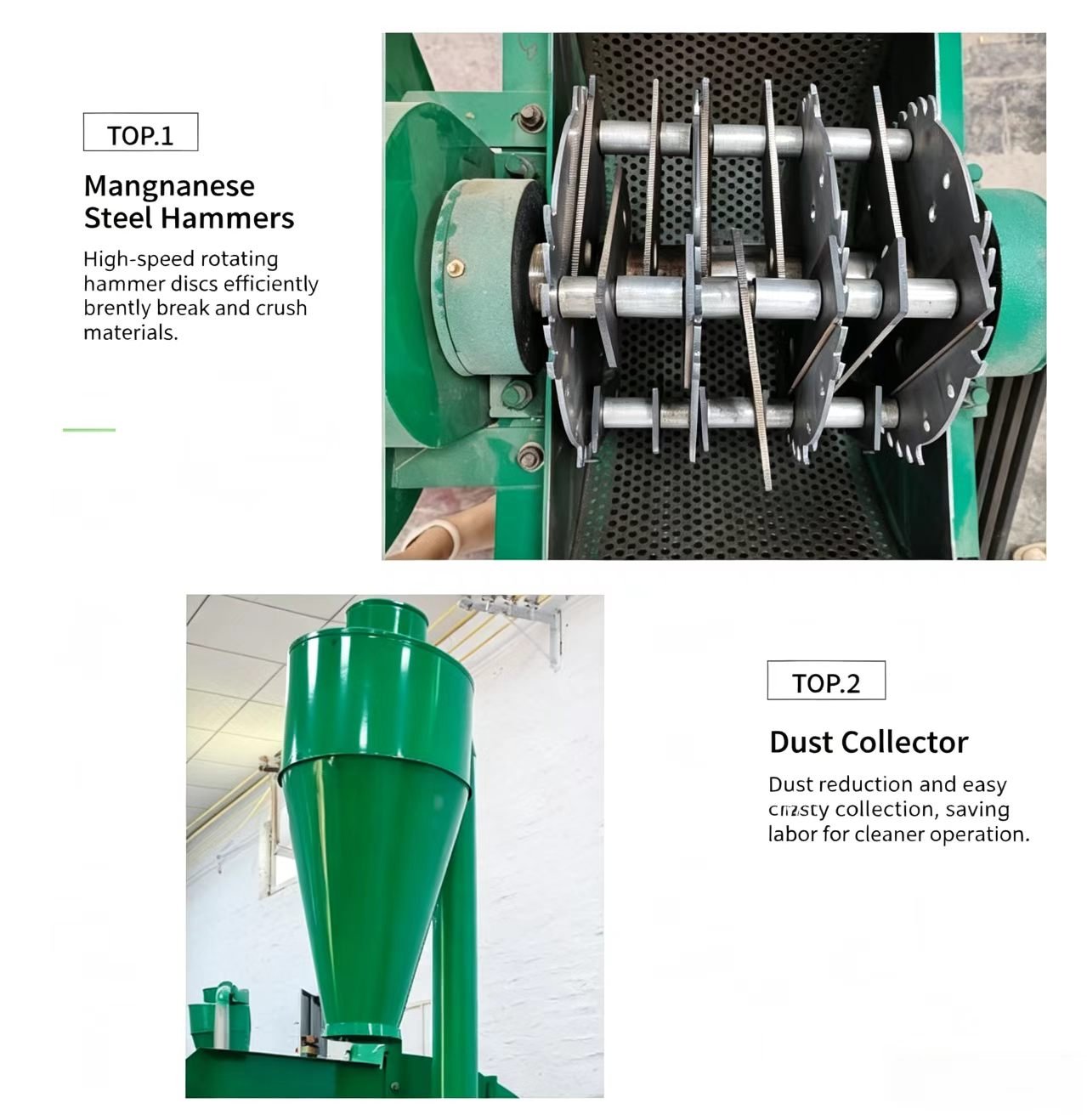Sunto hammer mill top features: high-speed rotating manganese steel hammer discs and cyclone dust collector for clean operation