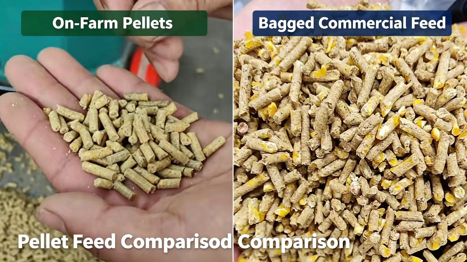 Side-by-side comparison of on-farm homemade feed pellets and bagged commercial feed pellets