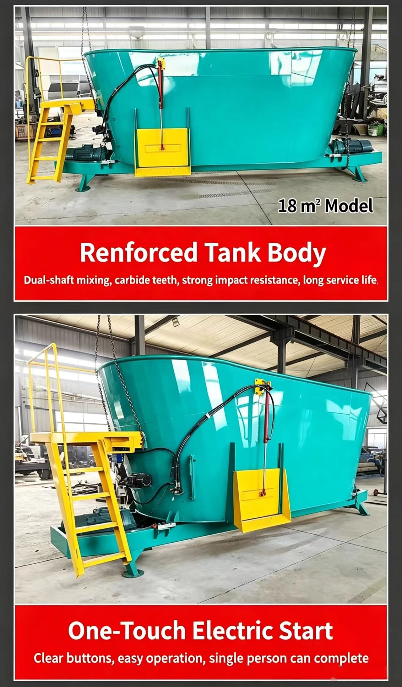 Sunto 18 cubic meter vertical TMR feed mixer with reinforced tank body, dual shaft mixing, carbide teeth and one-touch electric start