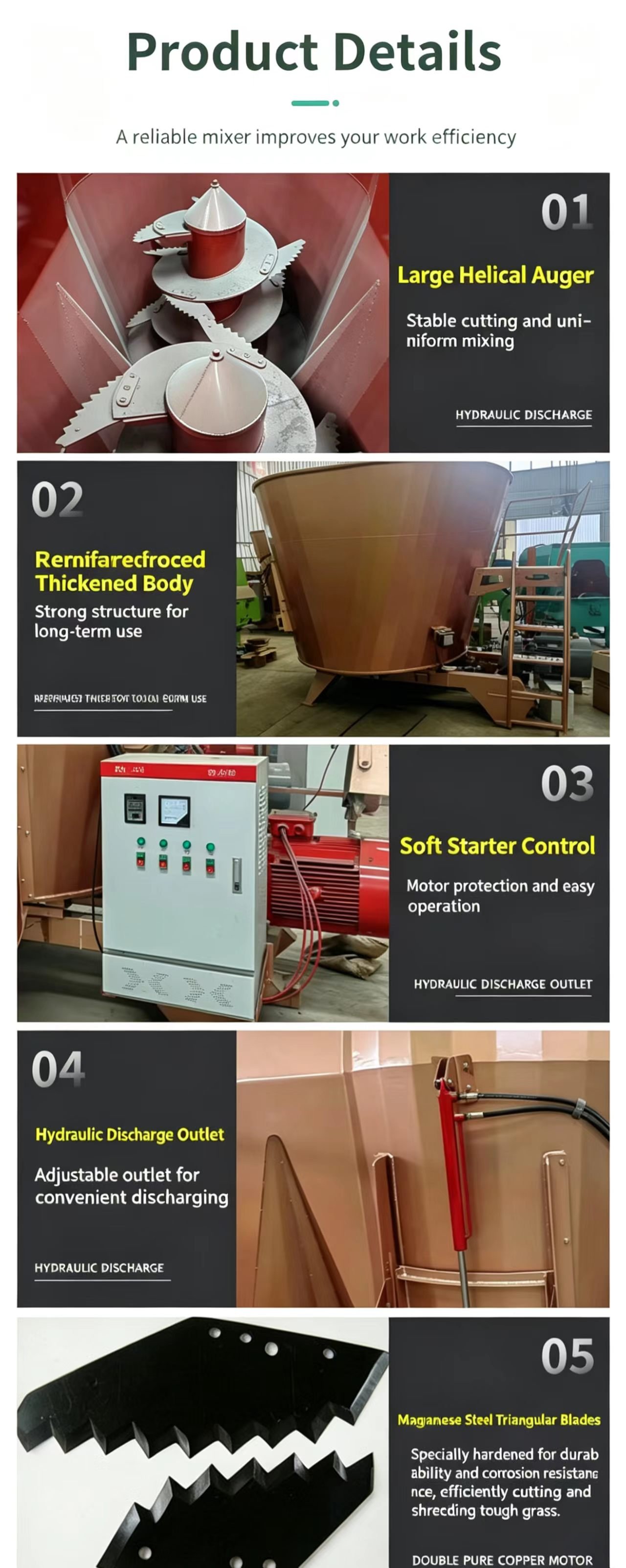 Sunto vertical TMR feed mixer product details showing large helical auger, reinforced tank body, soft starter control, hydraulic discharge outlet and manganese steel blades
