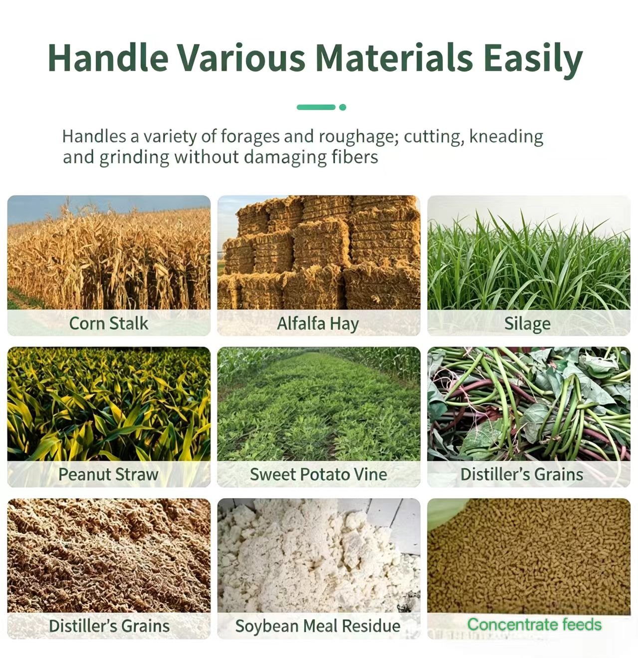 Sunto TMR feed mixer handling corn stalk, alfalfa hay, silage, peanut straw, sweet potato vine, distillers grains, soybean meal residue and concentrate feeds